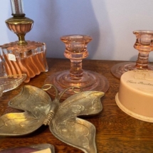 Vintage dresser items- pair pink depression glass candlestick holders
