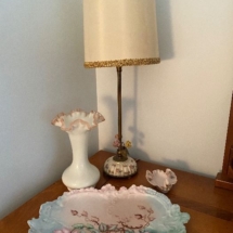 Antique dresser lamp, tray, trinket dish