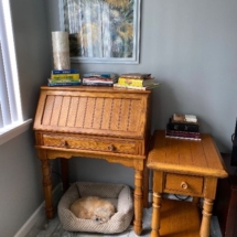 Dog is not for sale!;) Oak secretary and oak end table