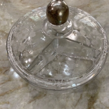 Vintage Cambridge glass Chantilly lace 3 part candy dish with silver knob